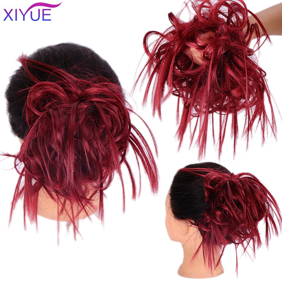Fluffy pjusket opsat hår knold syntetisk rodet hår knold extensions elastisk pjusket hårstykke gummibånd krøllet chignon til kvinder