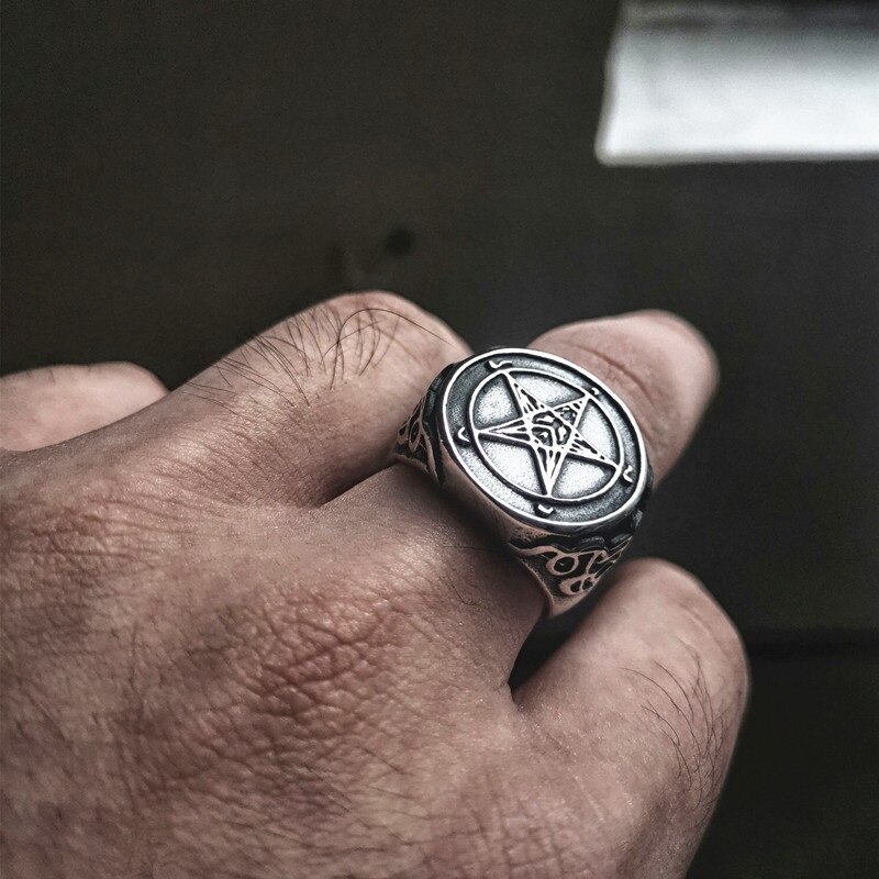 Vintage Personality Pentagram Satanism Five-Pointed Star Rings Stainless Steel Gothic Punk Minimalist Signet Ring Men Jewelry