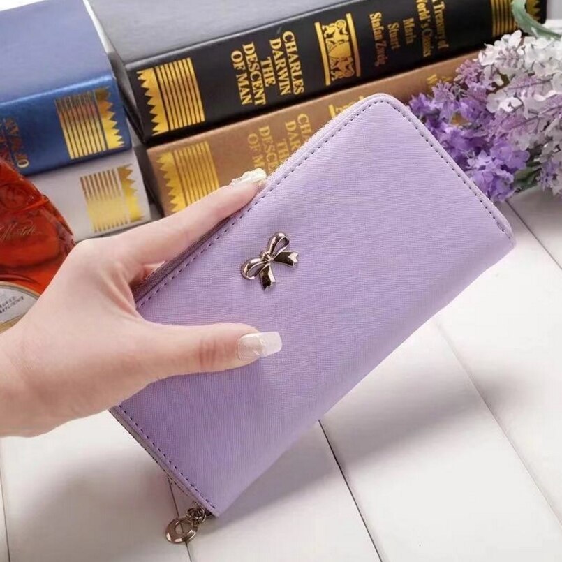 Porte-monnaie en cuir PU, porte-monnaie à grande capacité, solide, Long Style, porte-monnaie carte à glissière avec nœud papillon: VIOLET