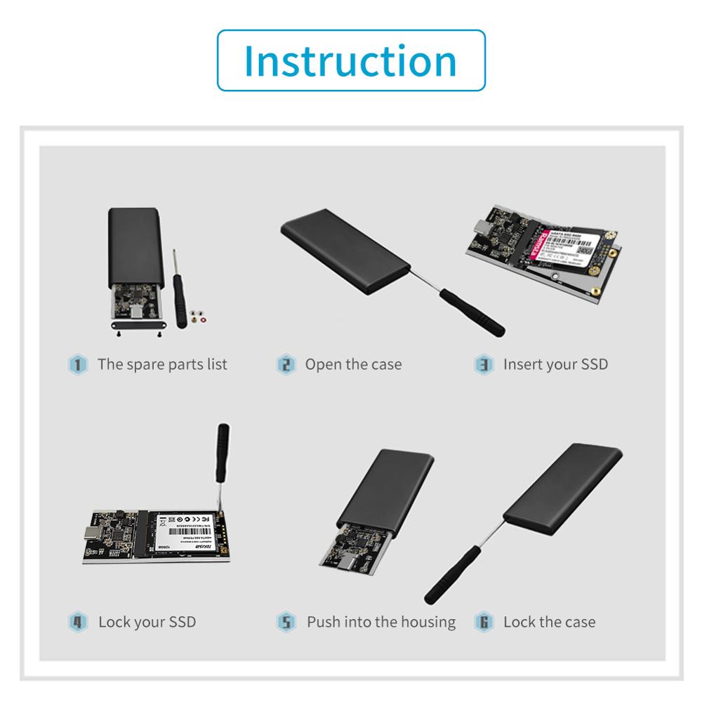 mSATA auf USB 3.1 SSD-Gehäuse-Adaptergehäuse mit USB-Typ-C-Schnittstelle für 30 x 50 mm/30 x 25 mm mSATA interne Solid-State-Festplatte