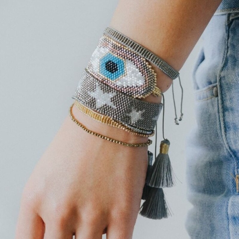 XUXI Five-pointed Star Multi-layer Suit Charms Tassel Bracelet Women Japan Rice Beads Hand Made Demon Eye Femme SS041: picture color1