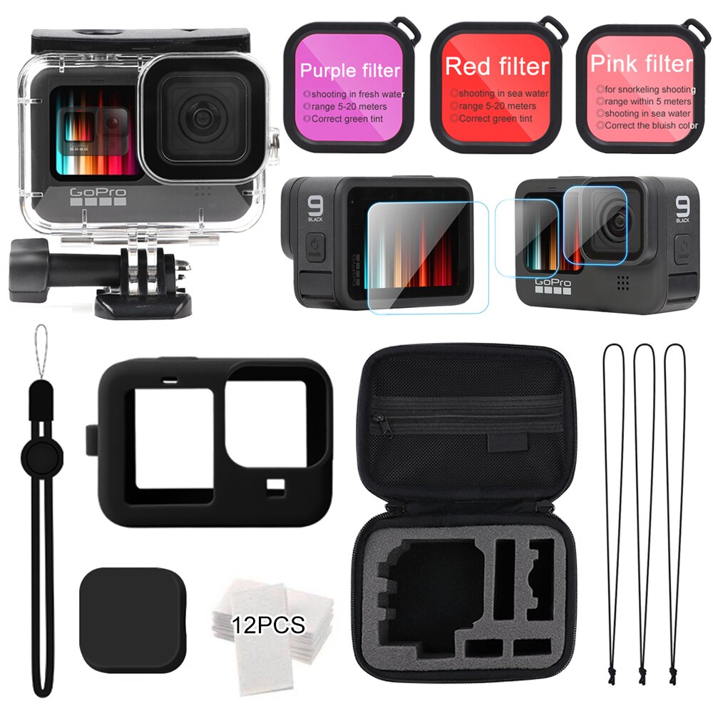 Juego de accesorios para Gopro hero 9, funda de EVA, película templada, carcasa impermeable, Protector de silicona con filtro rojo