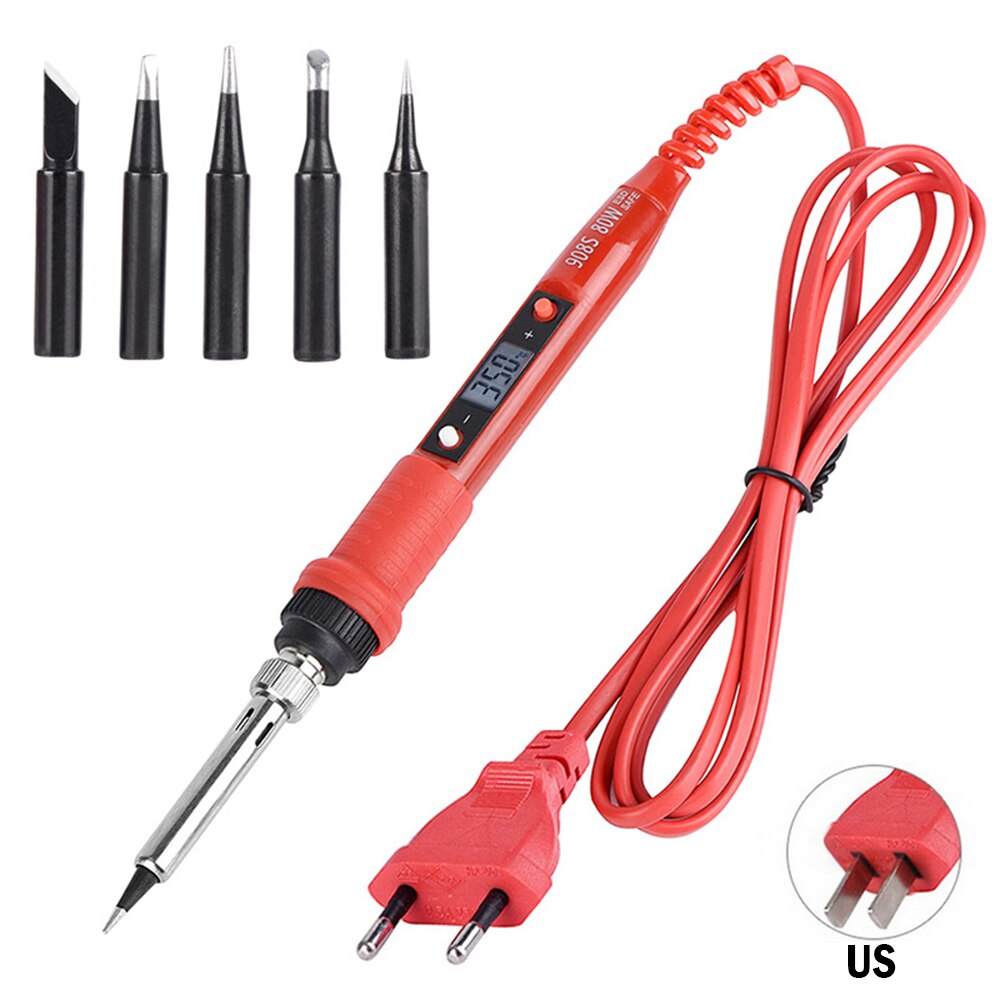 110V 220V 80W LCD Soldering iron kit adjustable temperature solder welding tools Ceramic heater soldering tips 15kind copper tip: Red