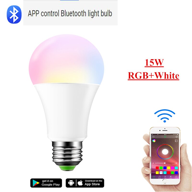 Ampoule intelligente rvb 15W E27 lampe à LED, commande par application Bluetooth, commande à distance IR, 5W, 10W, rgbw ww, 85-265V, pour la maison: Bluetooth RGBCW 15W