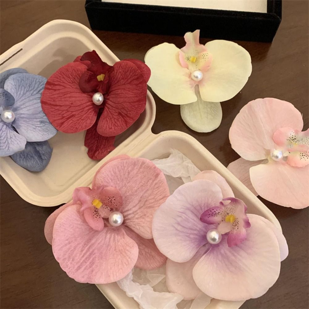 Orchid Butterfly Bow Flower Hair Clips Silk Flower Hairpin Phalaenopsis Pearl Duckbill Clip Hair Accessories for Vacation Photos
