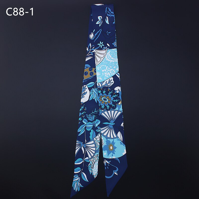 Blomsterprint silkehår tørklæde kvinder langt tyndt håndtag taske slips tilbehør foulard dame hals tørklæder: C88- blå