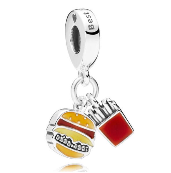 Genuine 925 Sterling Silver Charm Red Enamel Burger & Fries With Best Friend Beads Fit Pan Bracelet & Necklace Jewelry