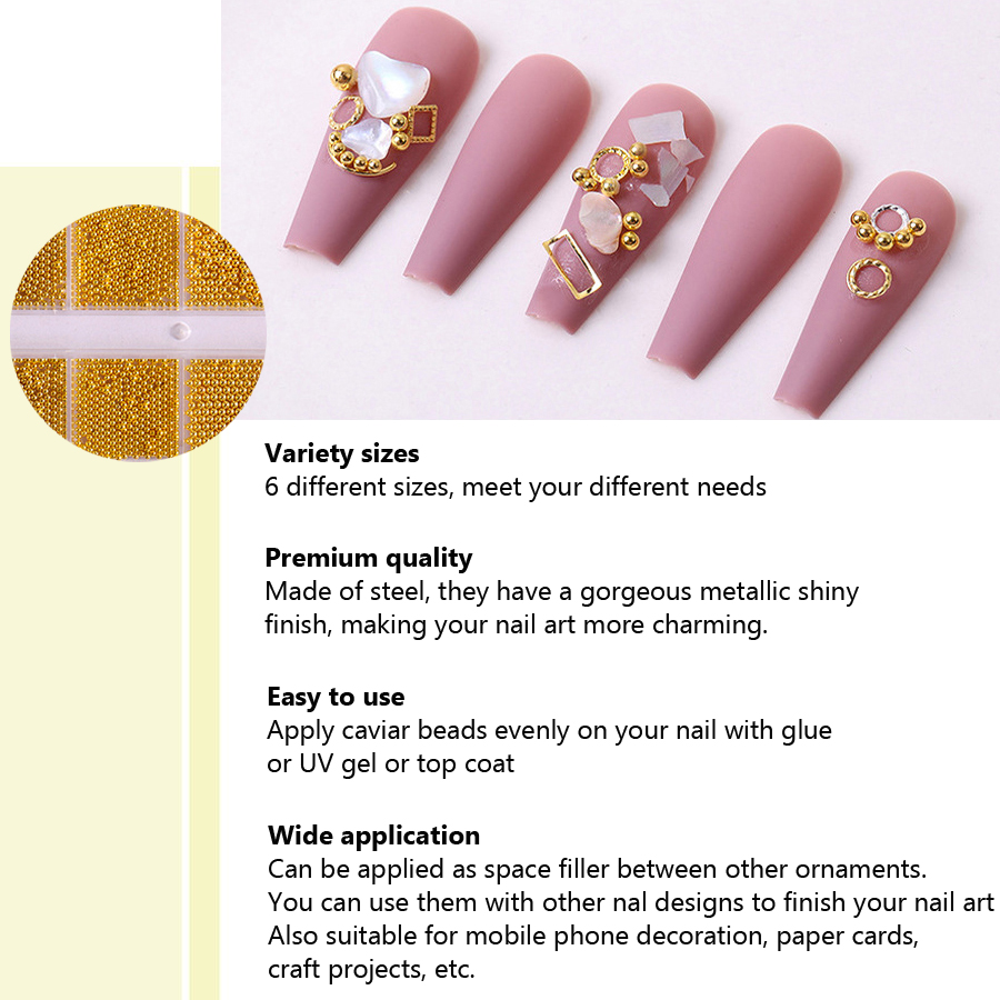 Cuentas de caviar de 12 compartimentos, accesorios metálicos para decoración de uñas, cuentas de metal para uñas con caja para decoración de uñas