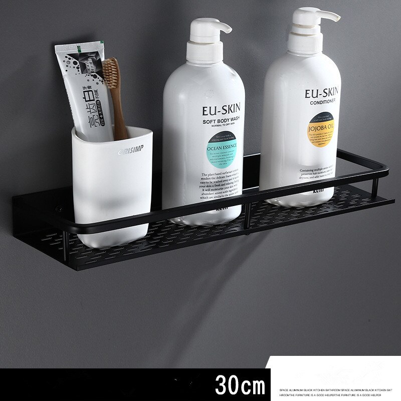 Badeværelseshylde med håndklædetang vægmonteret aluminium badekar bruser hylde sort bad shampoo holder kurv holder hjørne hylde: 30cm sorte
