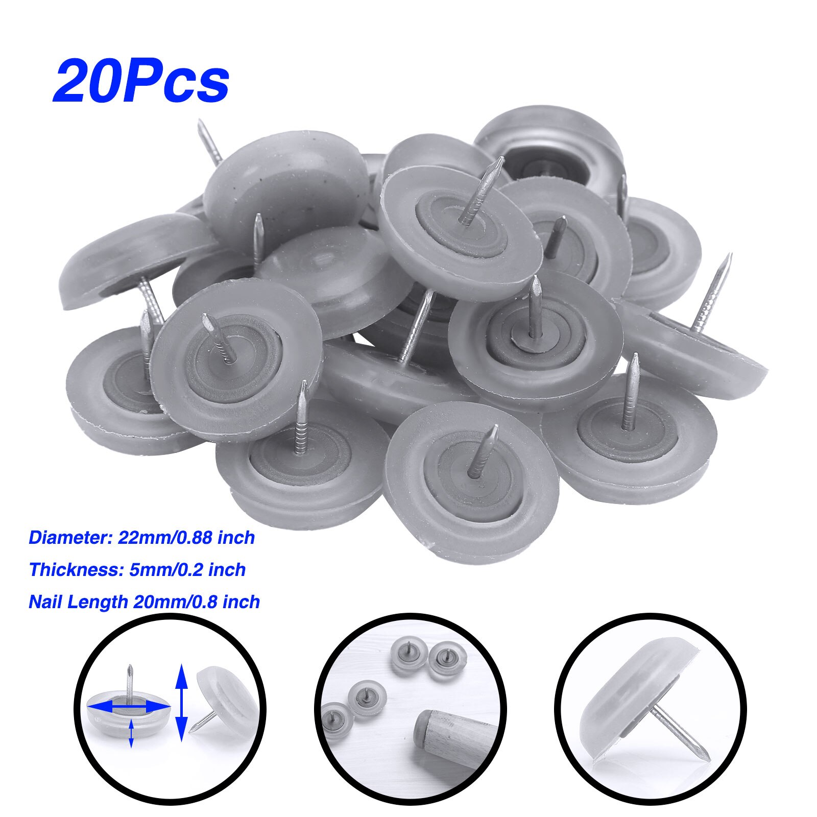 20Pc Rubber Furniture Feet Pad Round Nail-on Slider Glide Pad Floor Protector for Table Chair Sofa Wooden Leg Feet Anti Slip Pad: Grey
