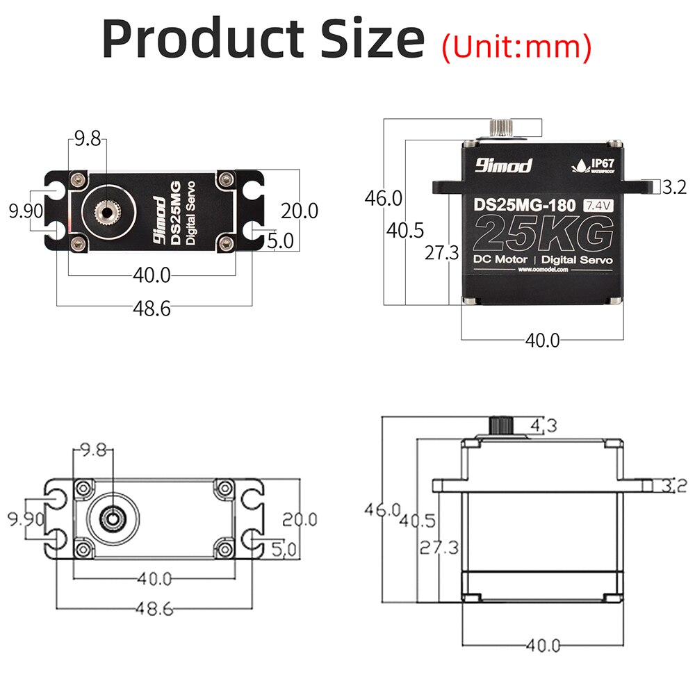 9imod DS25MG 25kg Waterpoof Servo 180°/270° Full Aluminum Case Metal Gear High Torque for 1/8 1/10 1/12 RC Car/Robot/Boat DIY