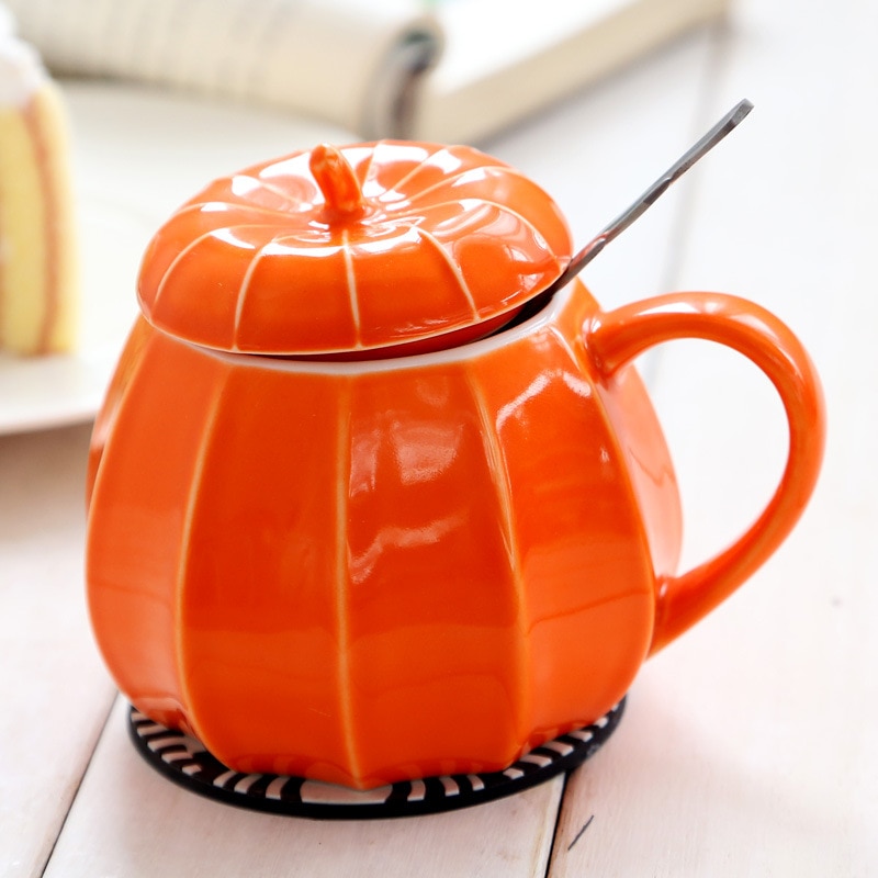Taza de Café de Cerámica de 250ml con tapa, cuchara creativa con forma de calabaza para decoración de Halloween, tazas de celadón para desayuno, tazas de leche