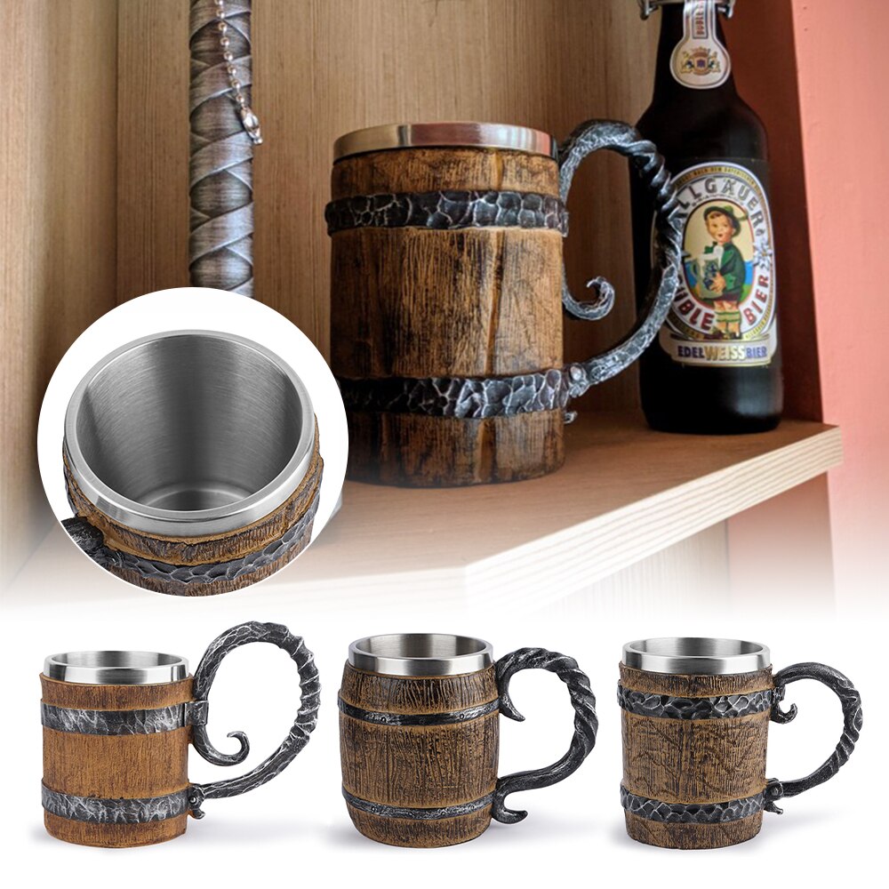 550Ml Viking Hout Stijl Bier Mok Als Simulatie Houten Vat Beer Cup Double Wall Mok Metalen Geïsoleerde houten Barre