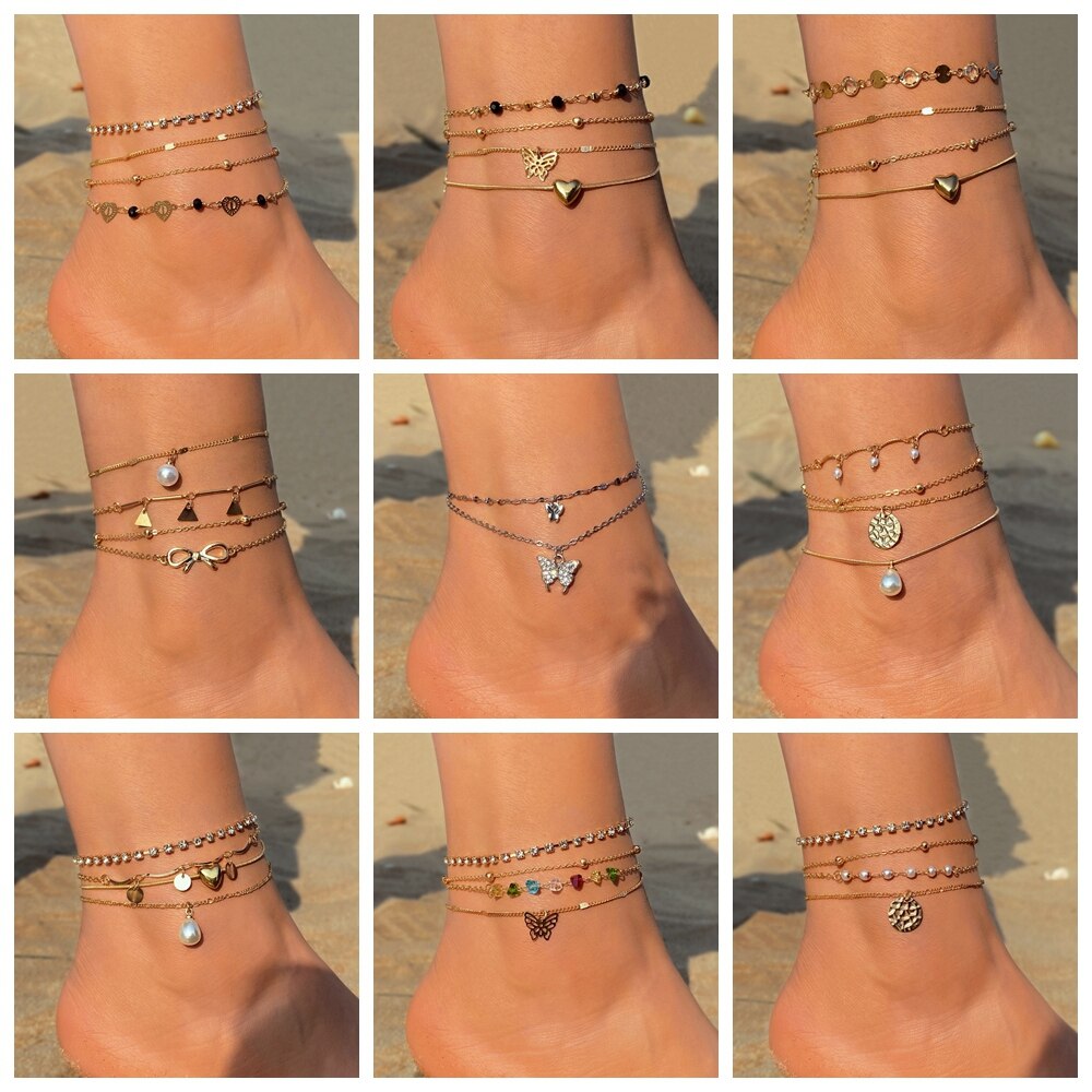 Mode Vrouwelijke Zomer Goud Kleur Enkelbanden Voor Vrouwen Pearl Chain Enkelbandjes Meisjes Barefoot Op Been Ketting Strand Sieraden 2022