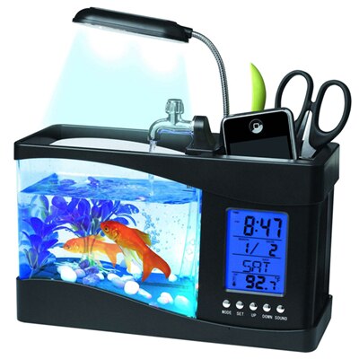 Minitanque de escritorio USB para acuario, reloj con temporizador LCD, luz LED, alarma, negro/blanco: Black