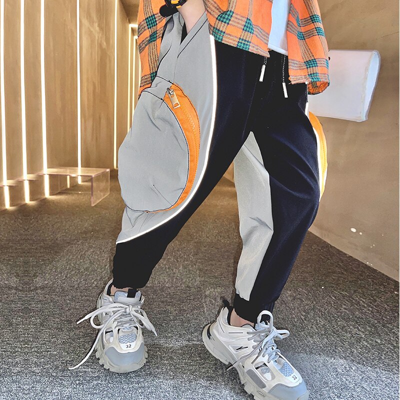 Pantalon Cargo décontracté pour garçon, style Hip Hop, épissures, grandes poches, , Harem serré à la cheville, vêtements pour enfants, printemps automne