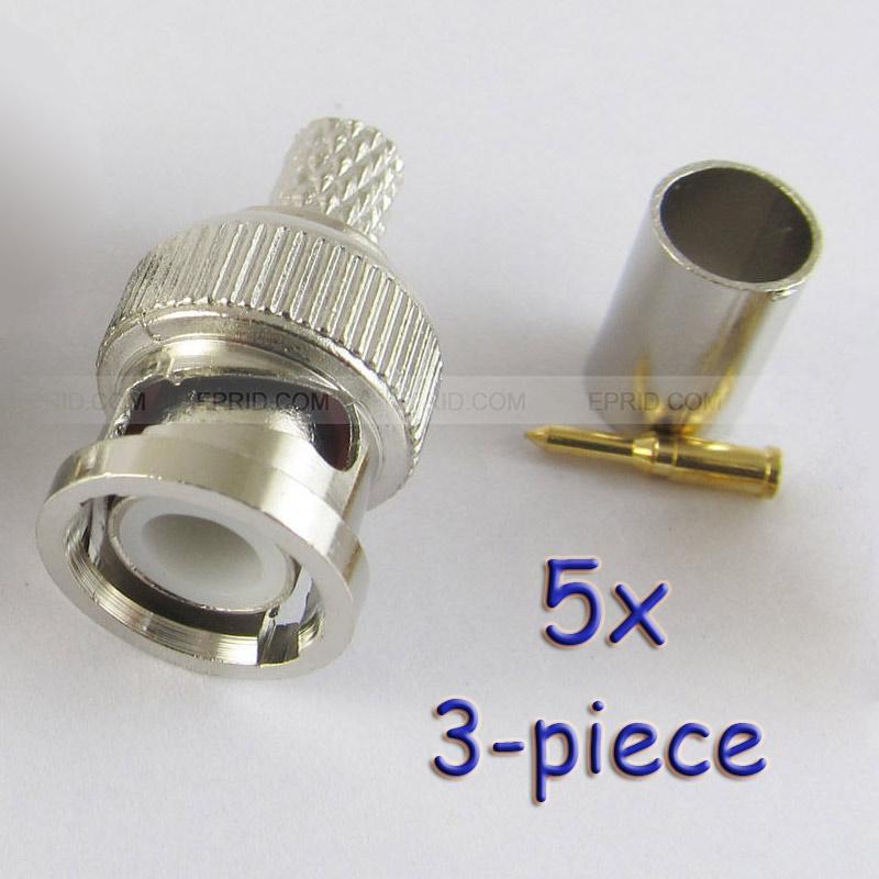 5x BNC Male Crimp Plug for RG59 Coaxial Cable 3-piece Crimp Connector CCTV Surveillance