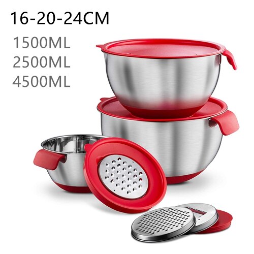 Edelstahl Schüsseln Mit deckel Griff Nicht-Unterhose Silikon Basis DIY Kuchen Backen Rührgerät Schüssel Salat Reibe Küche kochen Werkzeug: 16-20-24cm einstellen
