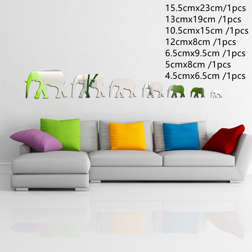 7 Pcs Leuke Olifant Muur Spiegel Sticker Woonkamer Badkamer Decor Verschillende Combinaties Van Verschillende Maten Diy Wanddecoratie: Silver