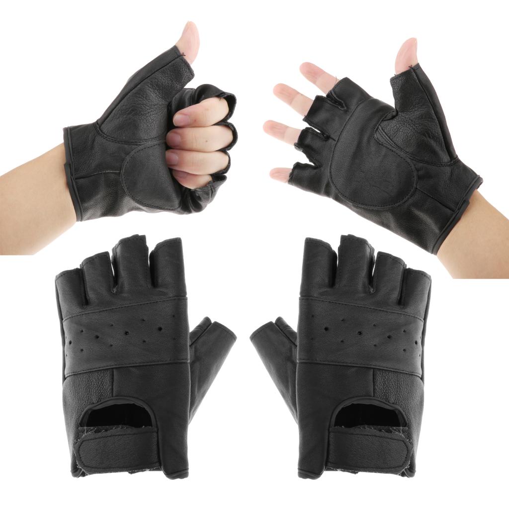 Unisex Punk Women Men Black Half Finger Leather Winter Fingerless Gloves