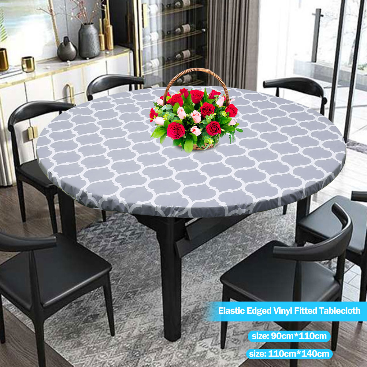 Elastic Edged Vinyl Fitted Tablecloth Flannel Backed & Elastic Edge Oil Table Cover Table Protector 35''-43"/43"-55'' Diameter