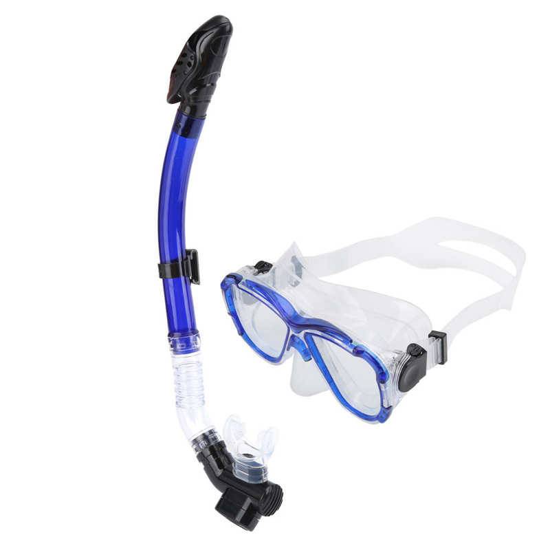 Adults Snorkel Set Anti‑Fog Diving Cover Tempered Glass Goggles w/Snorkel Tube A: Blue