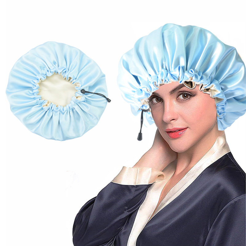 Hair Salon Elastic Thicken Double Layer Night Cap Adjustable Women's Oiled Shower Soft Silk Bath Hat Satin Bonnet Logo Printing: Blue 2