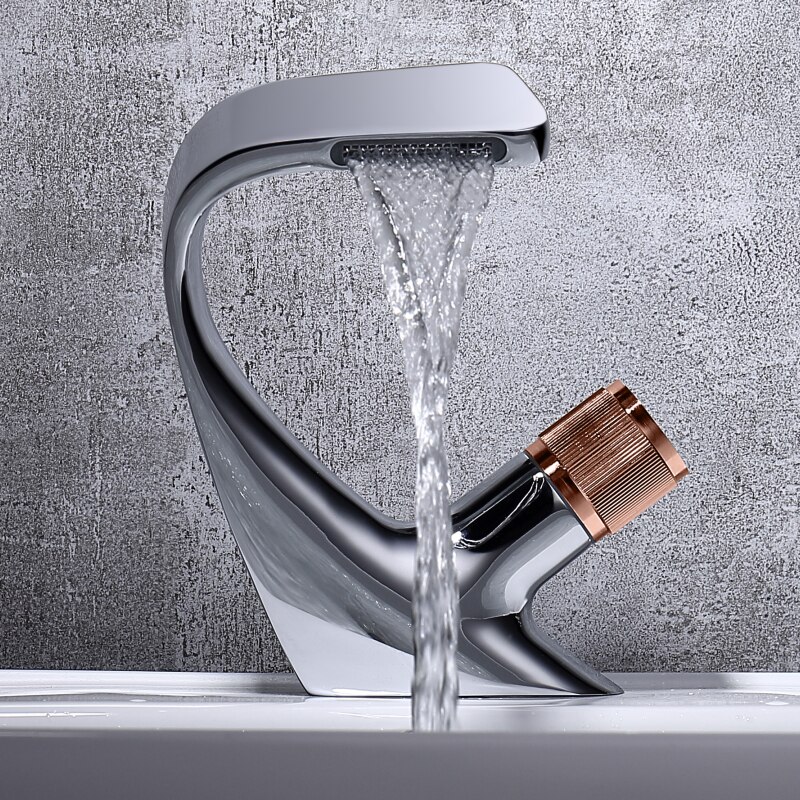Ekomoi moderne messing vandfaldsarmatur luksus håndvaskarmatur badeværelsesvaskarmaturer dækmonteret vask kran koldt vandarmatur: Fliseguld