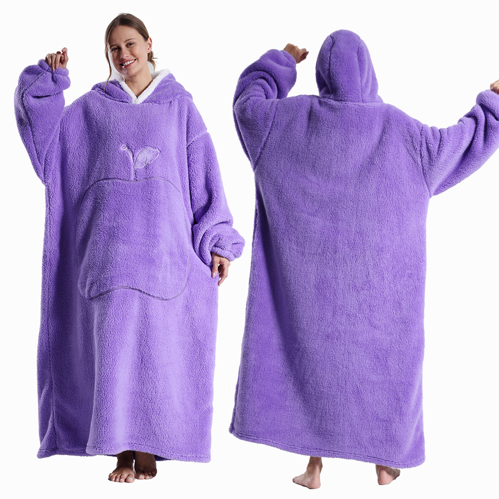 Suéter con capucha de invierno para mujer, manta polar de gran tamaño con mangas, Bolsillo grande, Sudadera con capucha de TV gruesa y cálida, bata para pareja: Rojo