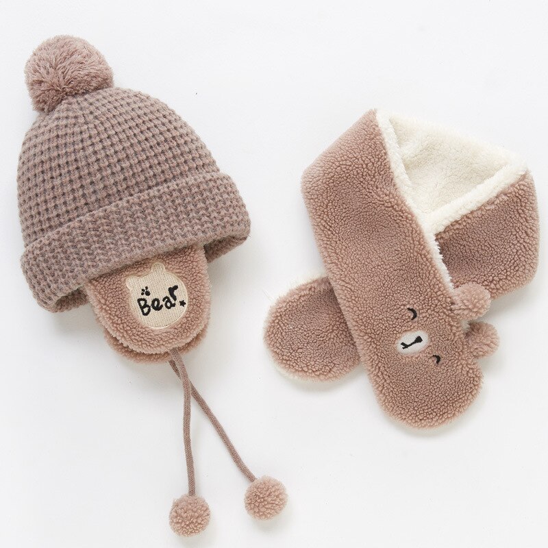 Traje de cuello y gorro de bombardero para bebé, otoño e invierno, dibujos animados para niños, niño y niña, juegos de gorro y bufanda gruesos y cálidos: animal khaki