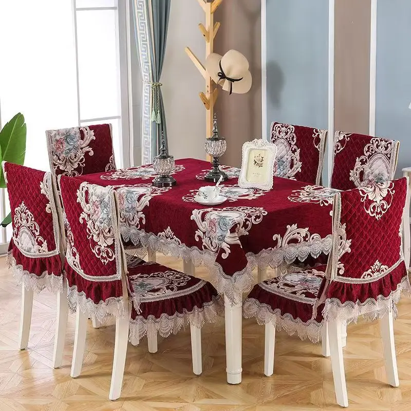 Fluwelen tafelkleed in Europese stijl, verbonden stoelhoes, kanten rand, geïntegreerde krukhoes, rond tafelkleed, verdikt kussen