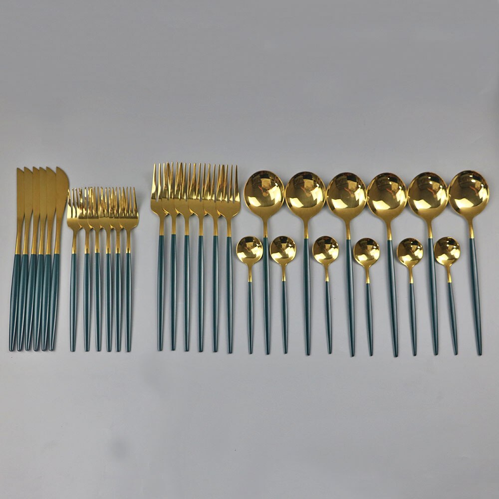 30 st svart guld servis set 18/10 rostfritt stål porslin bestick set enkel middag kniv gaffel sked cutler: Grönt guld