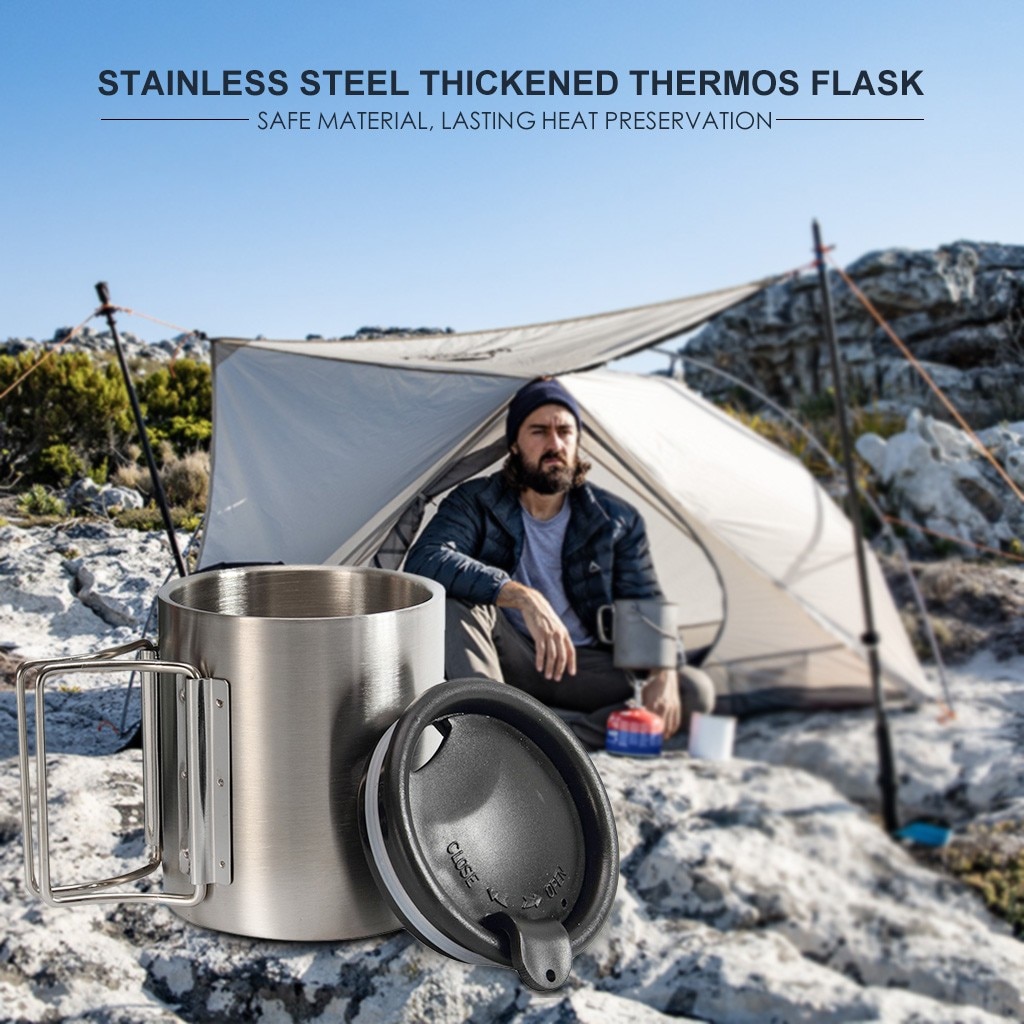 Outdoor Portable Camping Coffee Cup Double Stainless Steel Cup Folding Handle