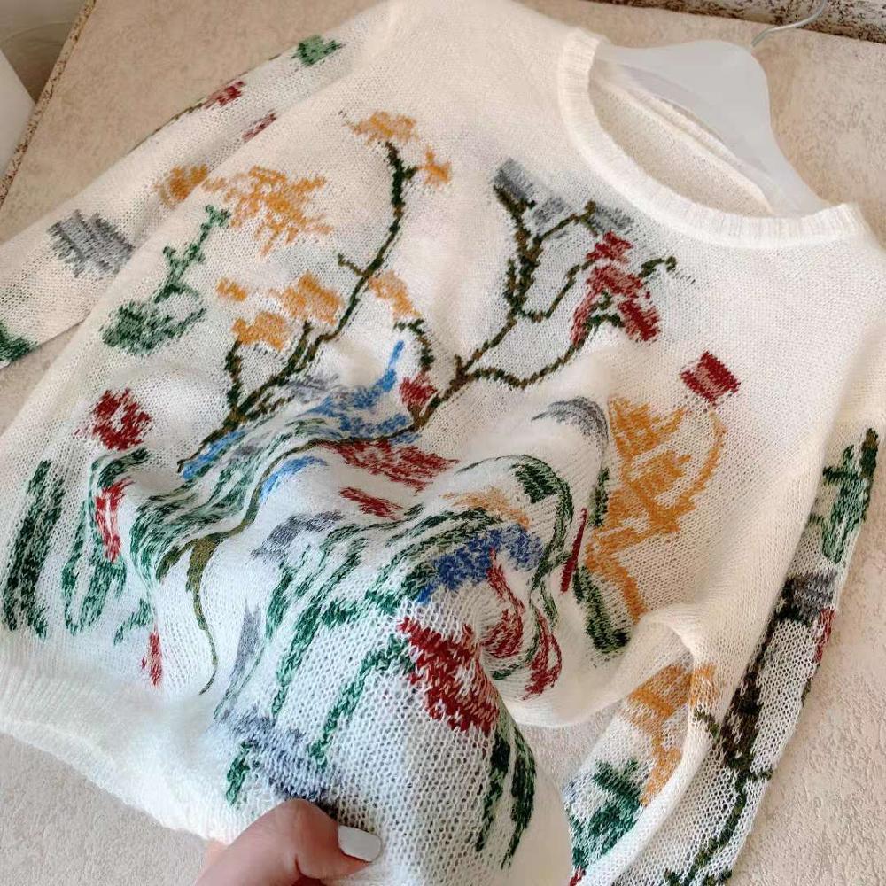 Textura de Deep Soul nicho bordado fino a través de Mohair cachemir Hollow Sweater