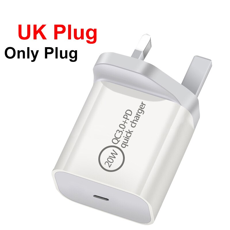 20W Fast Charger For iPhone 12 AU/EU/US/UK Plug and Data USB Cable For SAMSUNG XIAOMI Charger Wire For iPad USB-C for iphone13 X: UK plug