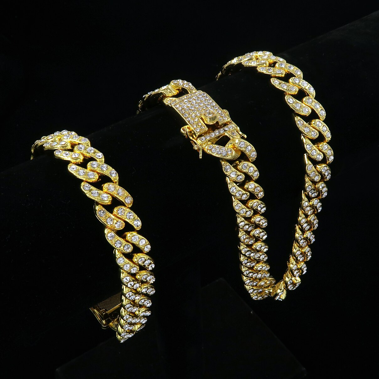 Cuban Link Chain Necklace Bracelet For Men Full Diamond Iced Out Bling Single Row Drill Bit 13MM Gold Silver Jewelry Set