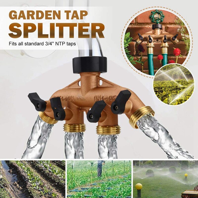 4 vías latón divisor de manguera para jardín de grifo de manguera boquilla adaptadora conmutador conector con 4 válvulas de cierre para el jardín