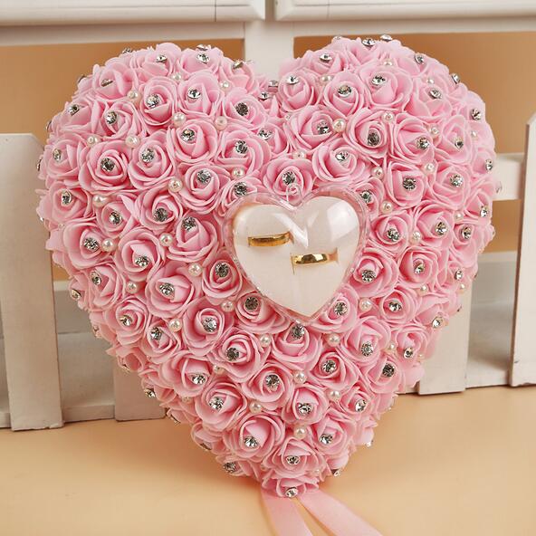 Rose Wedding Ring Kussen met Ring Box Trouwring Houder Toonder Doos Hartvorm Rhinestione Voor Bruiloft Decoratie: pink
