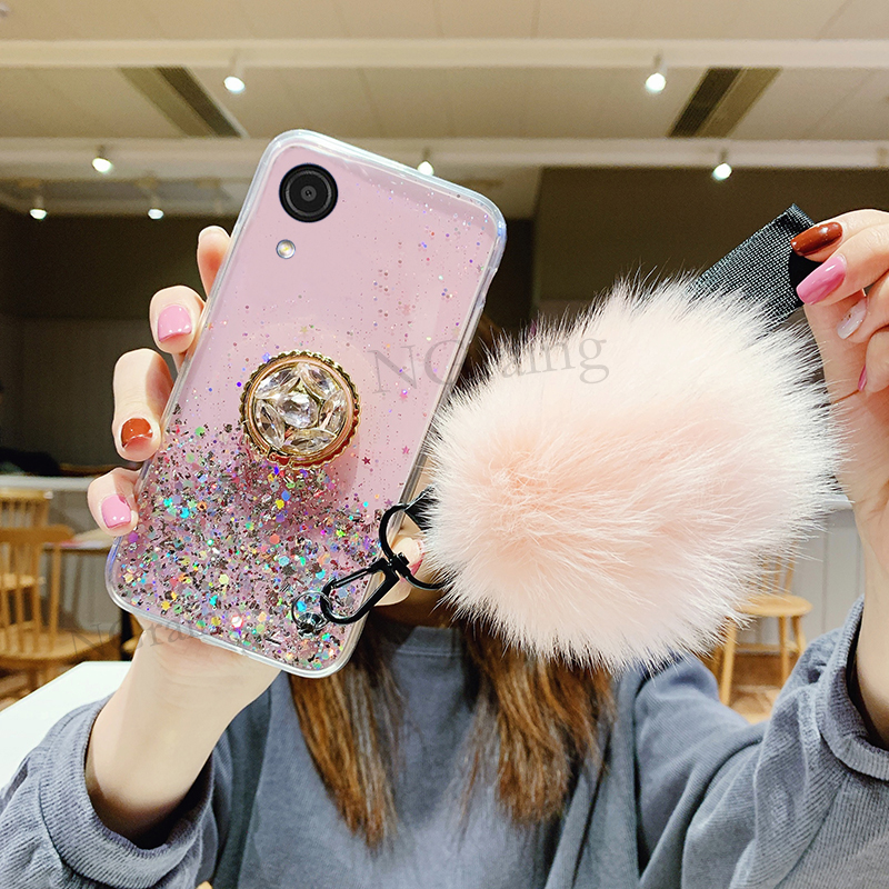 Handphone case for Samsung Galaxy A03 Core soft tpu Luxury Rhinestone Ring Holder Hariball With strap: Pink