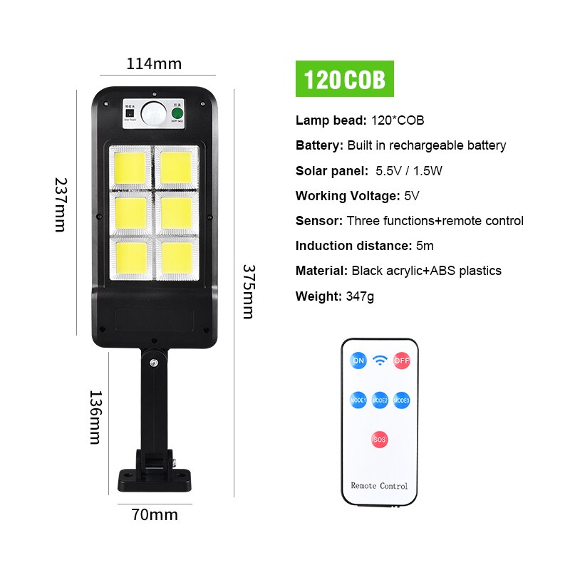 Motion Sensor Solar Led Light Remote Outdoor Wall Street Light Waterproof Human Body Induction Garden Multi-Mode Solar Lamps: 120 Cob