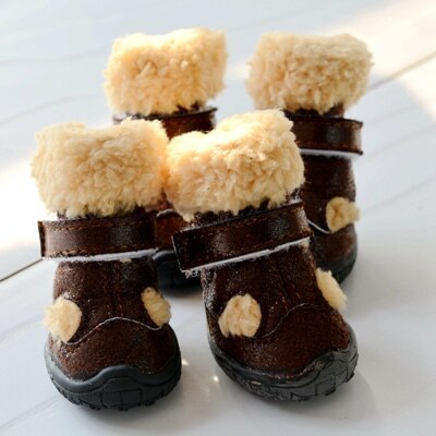 Snow Winter Season Shoes For Dogs Warm 4pcs/set Non-slip Little Small Pet Puppy Animal Footwear With Fur Chihuahua Pugs Boots: Brown / 5