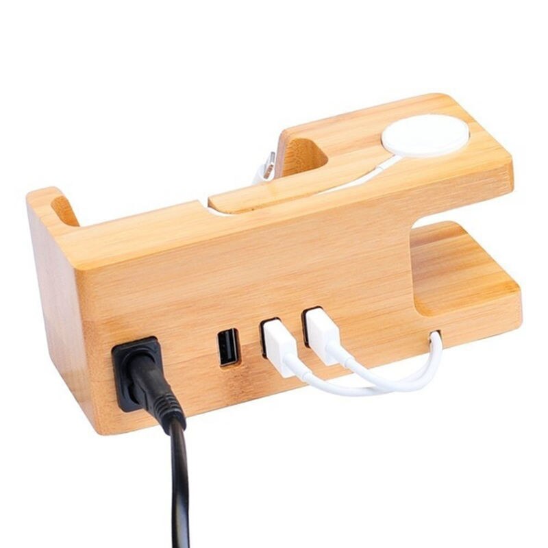 3-Hafen Usb Ladegerät Für Apfel Uhr & Telefon Organizer Stehen, Wiege Halfter, 15W 3A Schreibtisch Bambus Holz Ladestation Für Iwatc