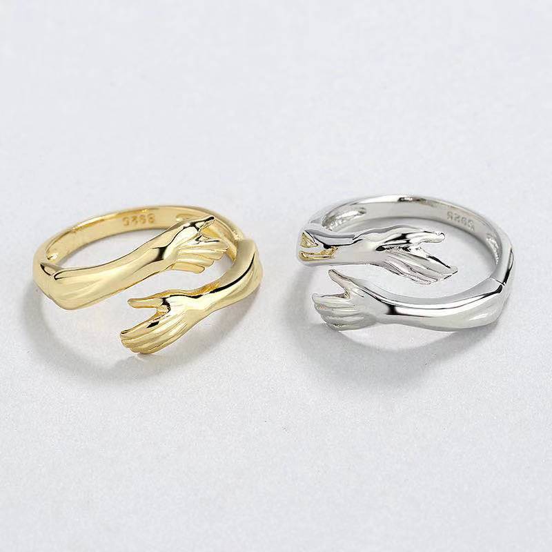 Anillo de Plata de Ley 925 para mujer, accesorio de oro de 18K con forma de abrazo, joyería fina, abierto, ajustable, antiguo