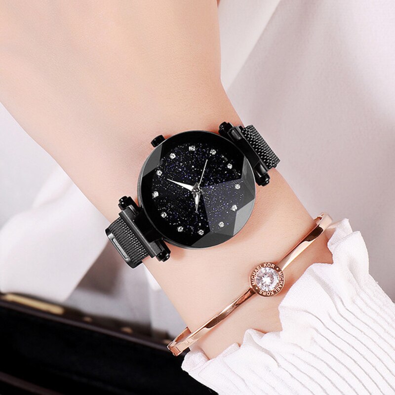Luxe merk dameshorloge met diamanten wijzerplaat, dameshorloge met magnetische stalen armband en sterren, waterdicht horloge
