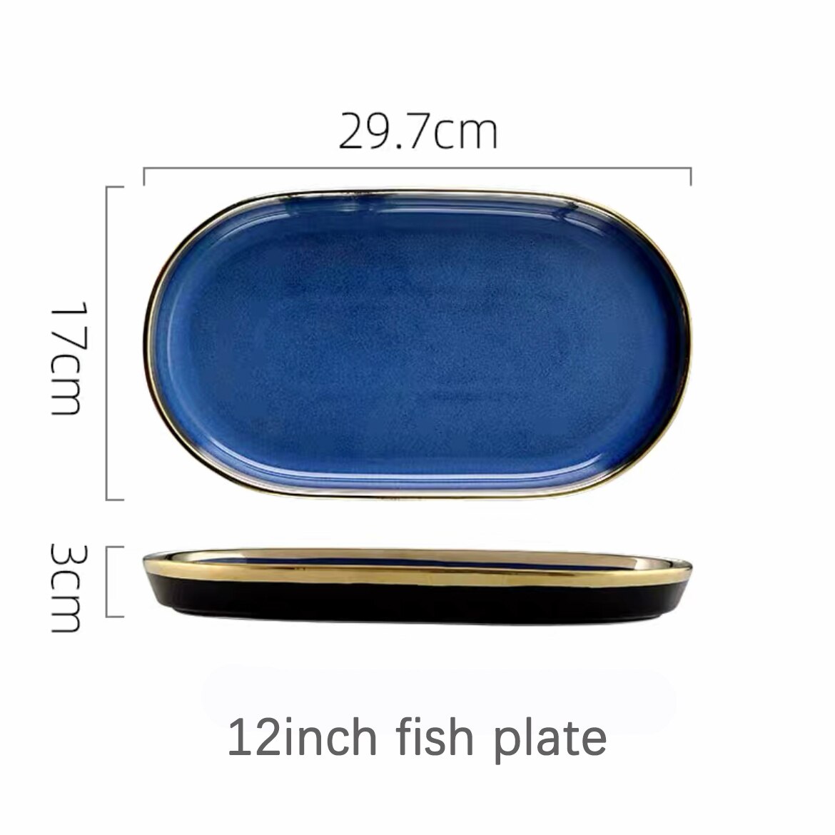 Service de vaisselle en céramique bleue, vaisselle de luxe, bordure dorée, porcelaine, assiettes, salade, nouilles, bol pour Restaurant: 12inch fish plate