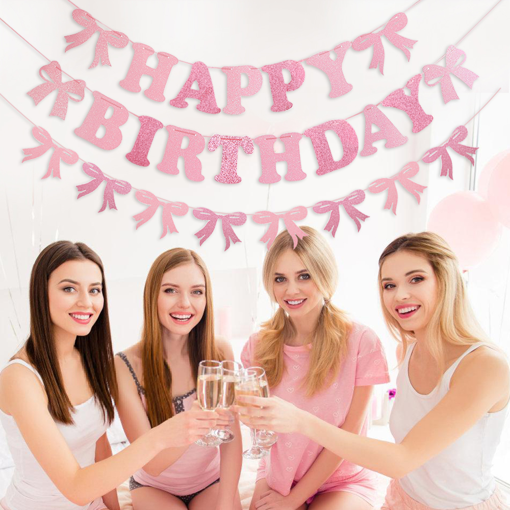 Skinnende rosa sløyfe bursdagsbanner sløyfe spiral kaketopper fotoramme flagg jente bursdag babyshower bryllupsfest dekorasjon