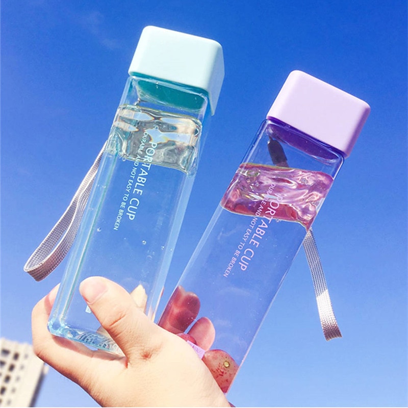 Cute Square Plastic Water Bottles BPA Free Transparent Frosted Outdoor Portable Camping Hiking Tour Drinking Bottle Water
