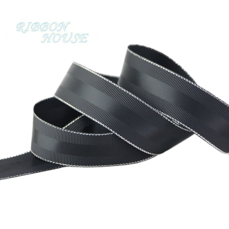 (5 meters/lot) 25mm silver Edged Grosgrain Ribbon an Lace wedding Christmas ribbons: Black / 25mm