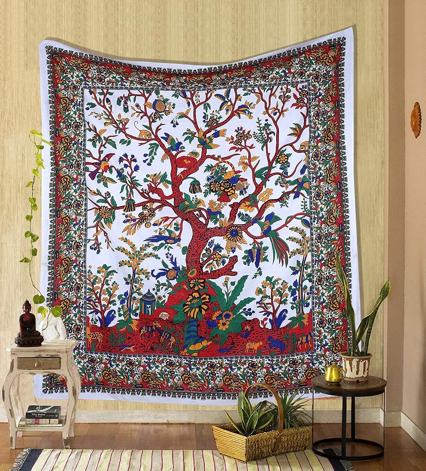 Tapiz verde árbol de la vida para colgar en la pared, tapiz psicodélico, tela de cama doble de algodón indio, tela de Picnic para pared: 140 x 200 cm / Color naranja fluorescente