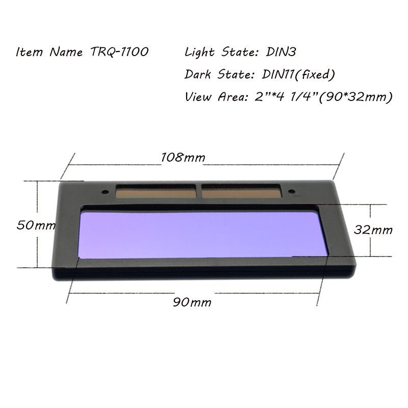 Blå farge glass automatisk mørkere tig sveisefilter linse litiumbatteri solenergi utsikt område 90*32mm rask trq -1100